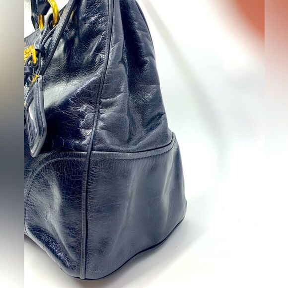 Prada Navy Blue Vitello Shine Medium 2way Shopping Tote Bag Preloved Purse - Picture 9 of 16